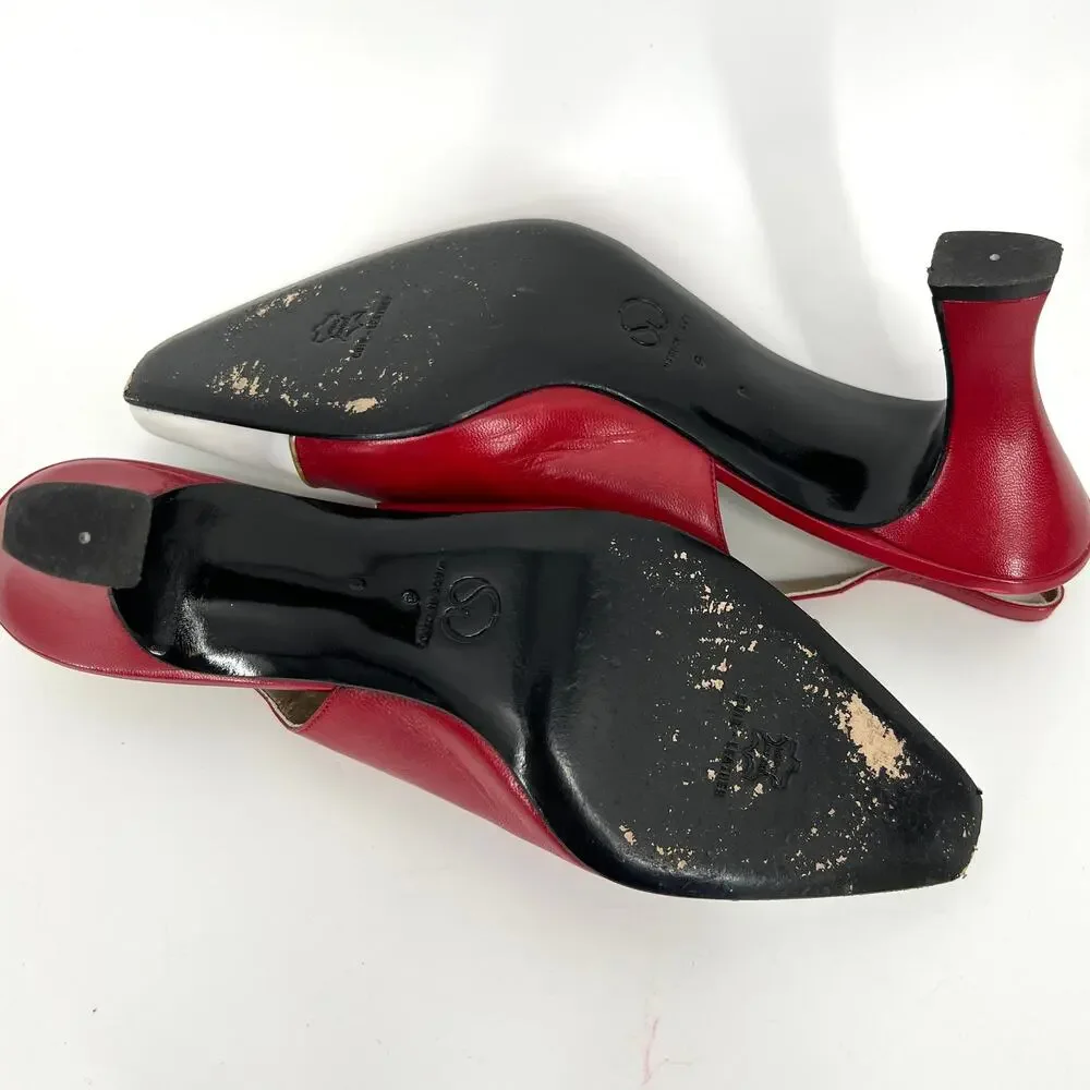 St. John Italy Red White Leather Slingback Heels Shoes Size 8 with Box dust bag